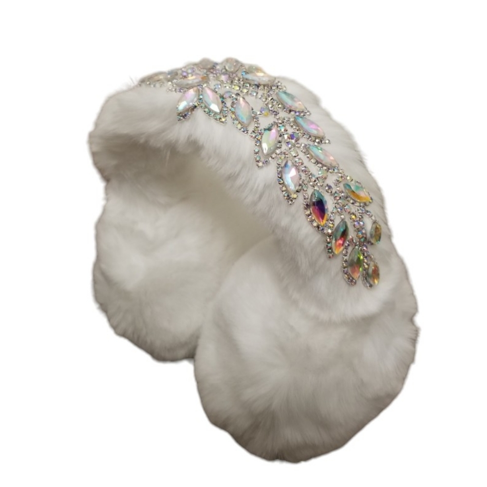 White Faux Fur Crystal Embellished Earmuffs Earwarmers Headband